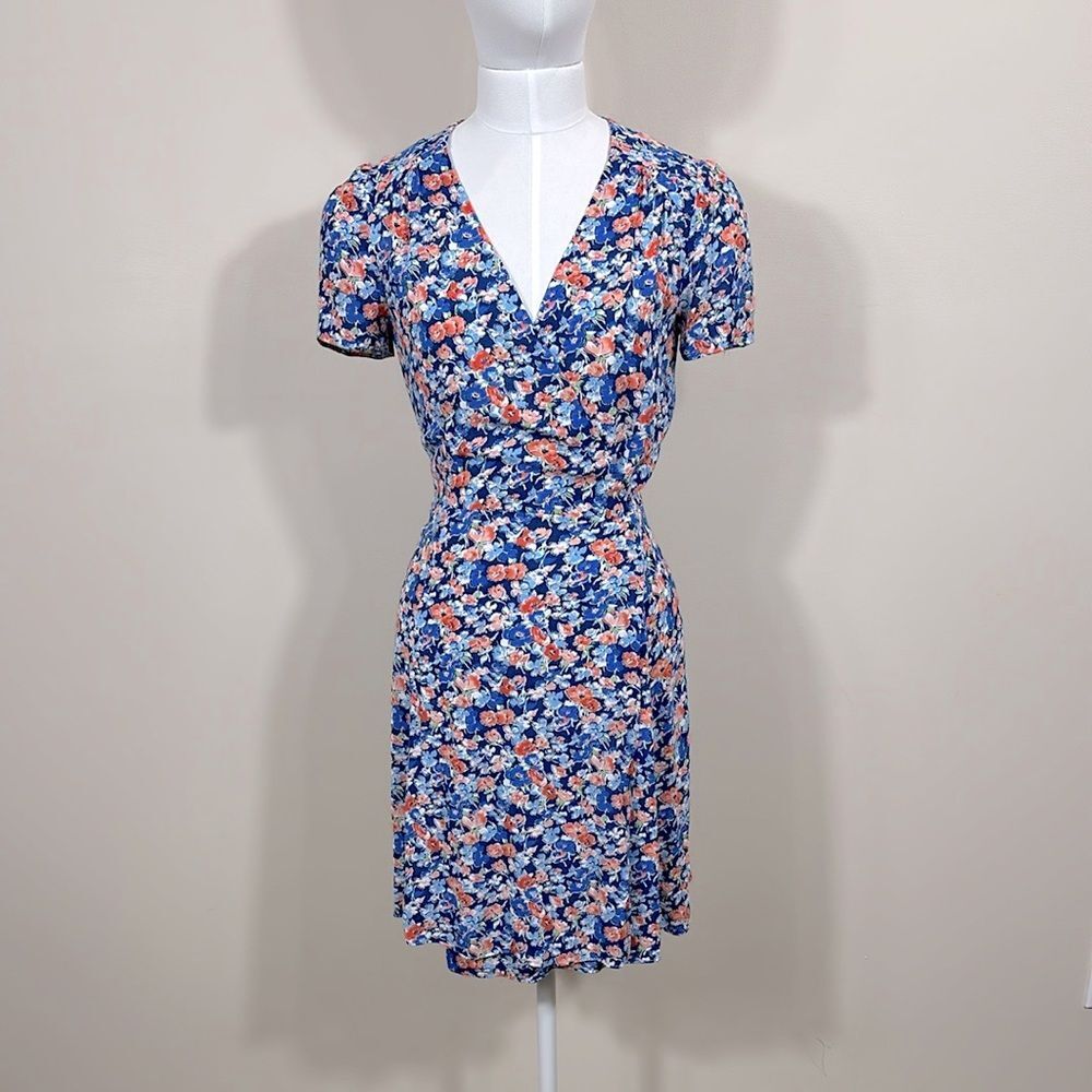 Sezane Anastasia Blue Poppy Floral Wrap Dress Lined Summer Mini Dress 34 US 2 XS